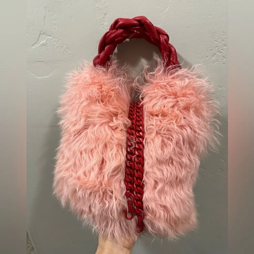 Genuine Curly Lamb Fur Handmade Leather Braided Handles Tote Bag, Crossbody